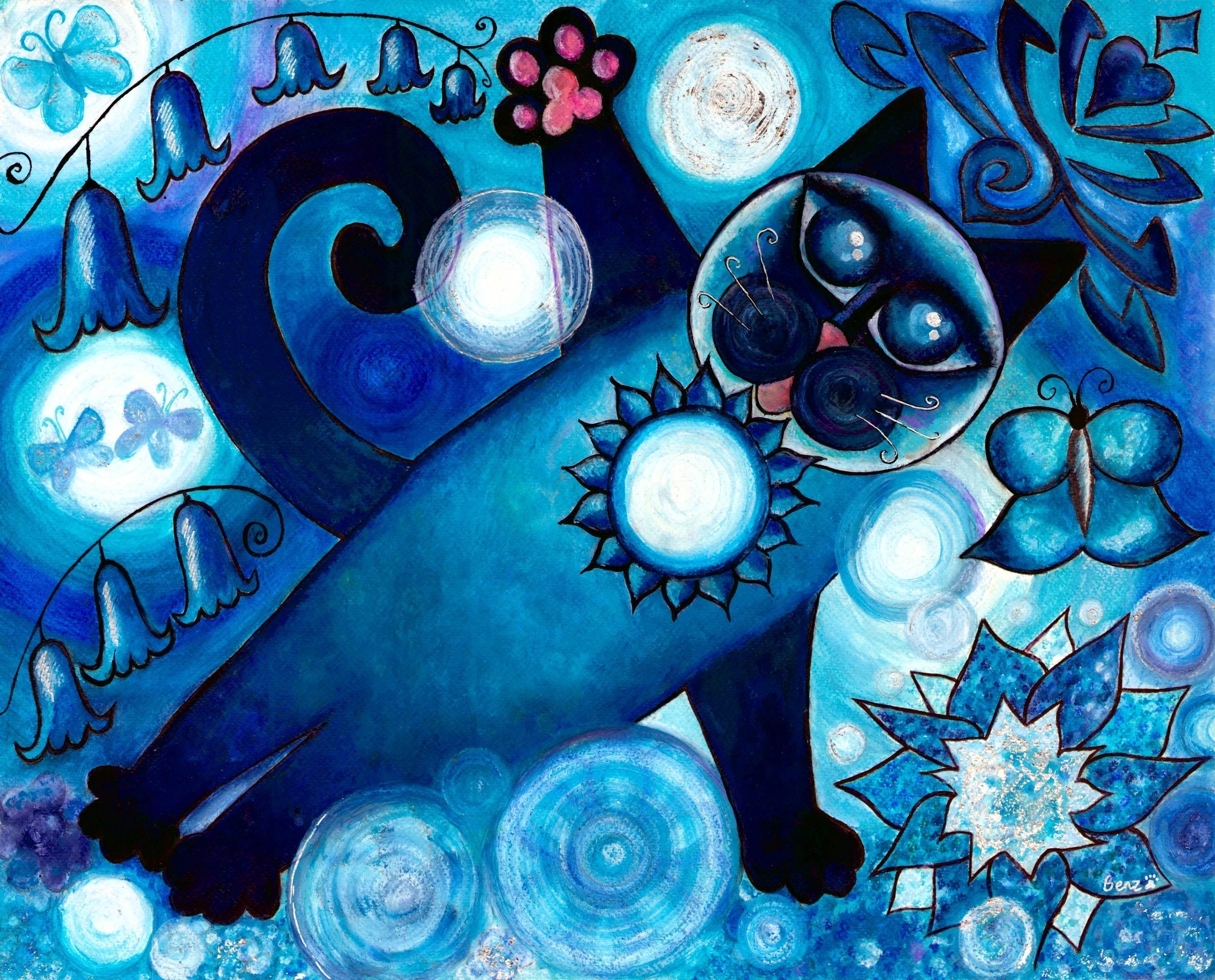 Sakura Blue Cat Art