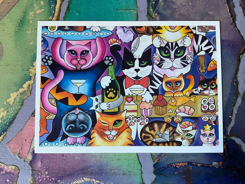 Nine Lives of the Party post/gallery cards featuring original cat artwork by Feline Sublime